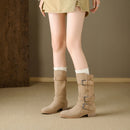 Retro Suede Mid - Calf Boots with Belt Buckles