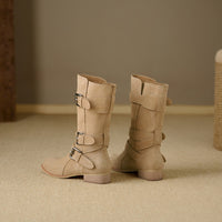 Retro Suede Mid - Calf Boots with Belt Buckles