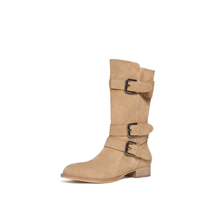 Retro Suede Mid - Calf Boots with Belt Buckles