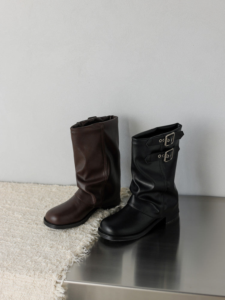British - Style Ruched Buckle Mid - Calf Boots