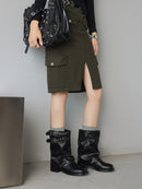 British - Style Ruched Buckle Mid - Calf Boots