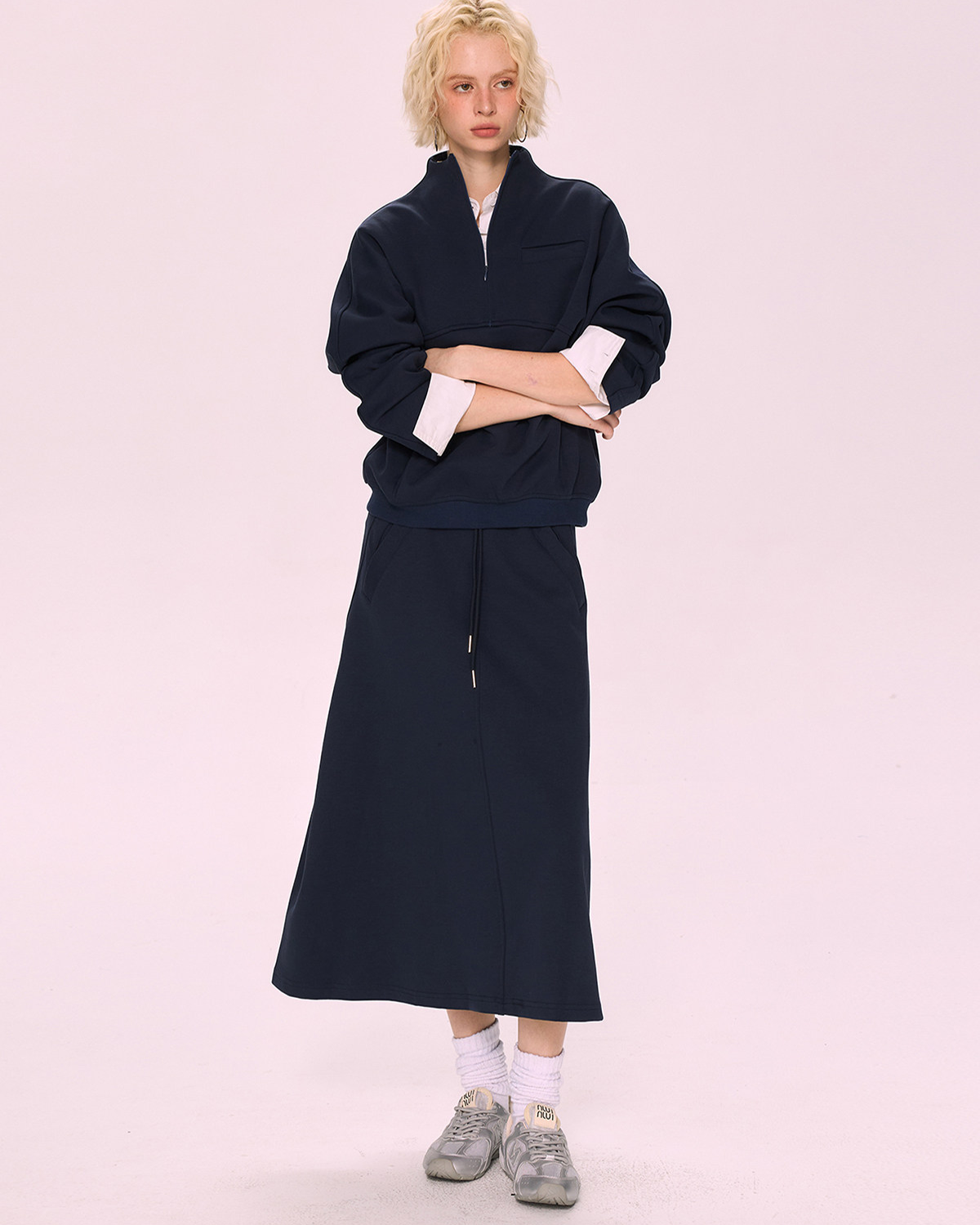 Navy Blue Oversized Hoodie & A-Line Skirt 2-Piece Set