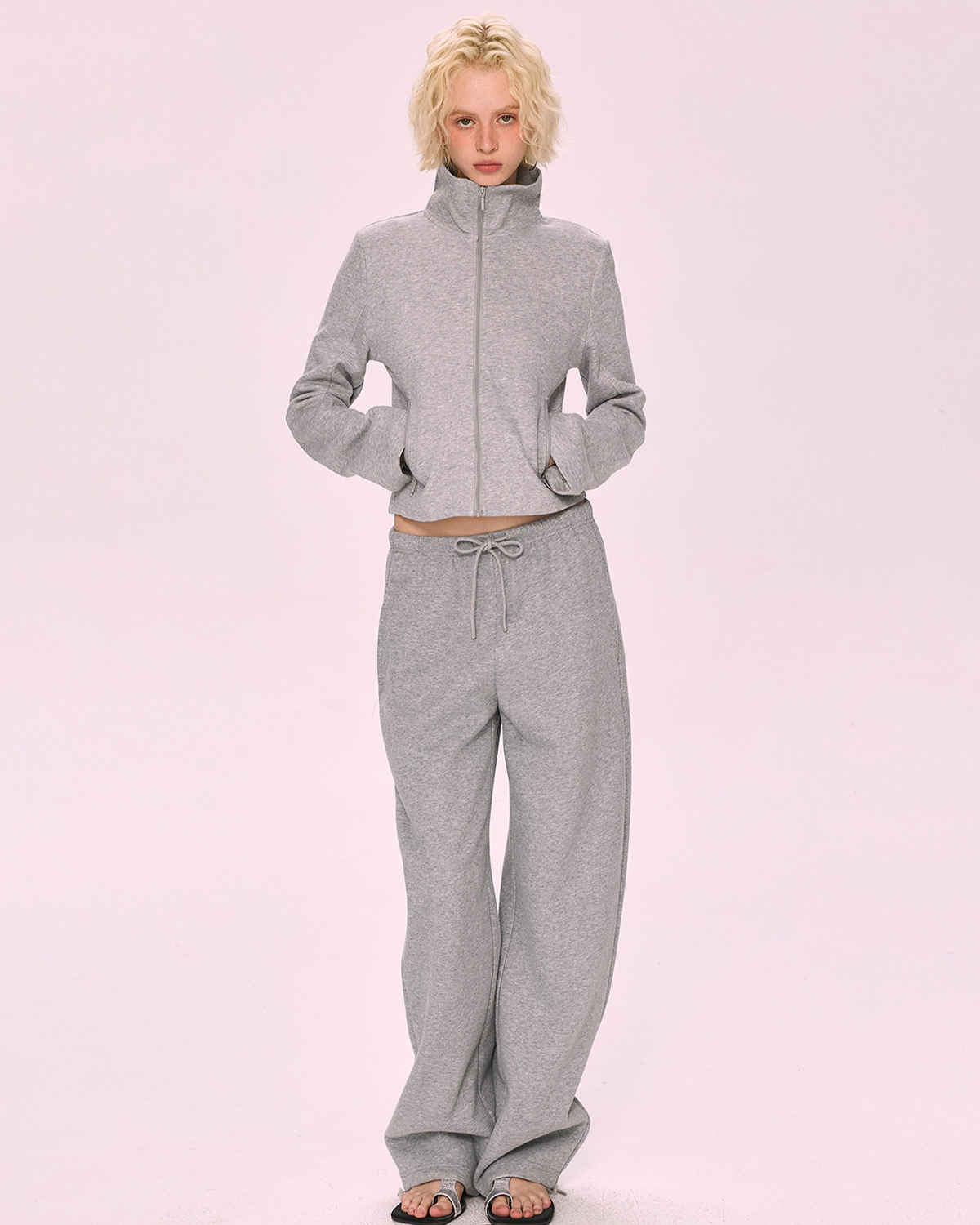 Gray Stand-Collar Zip Hoodie & Wide-Leg Pants Set