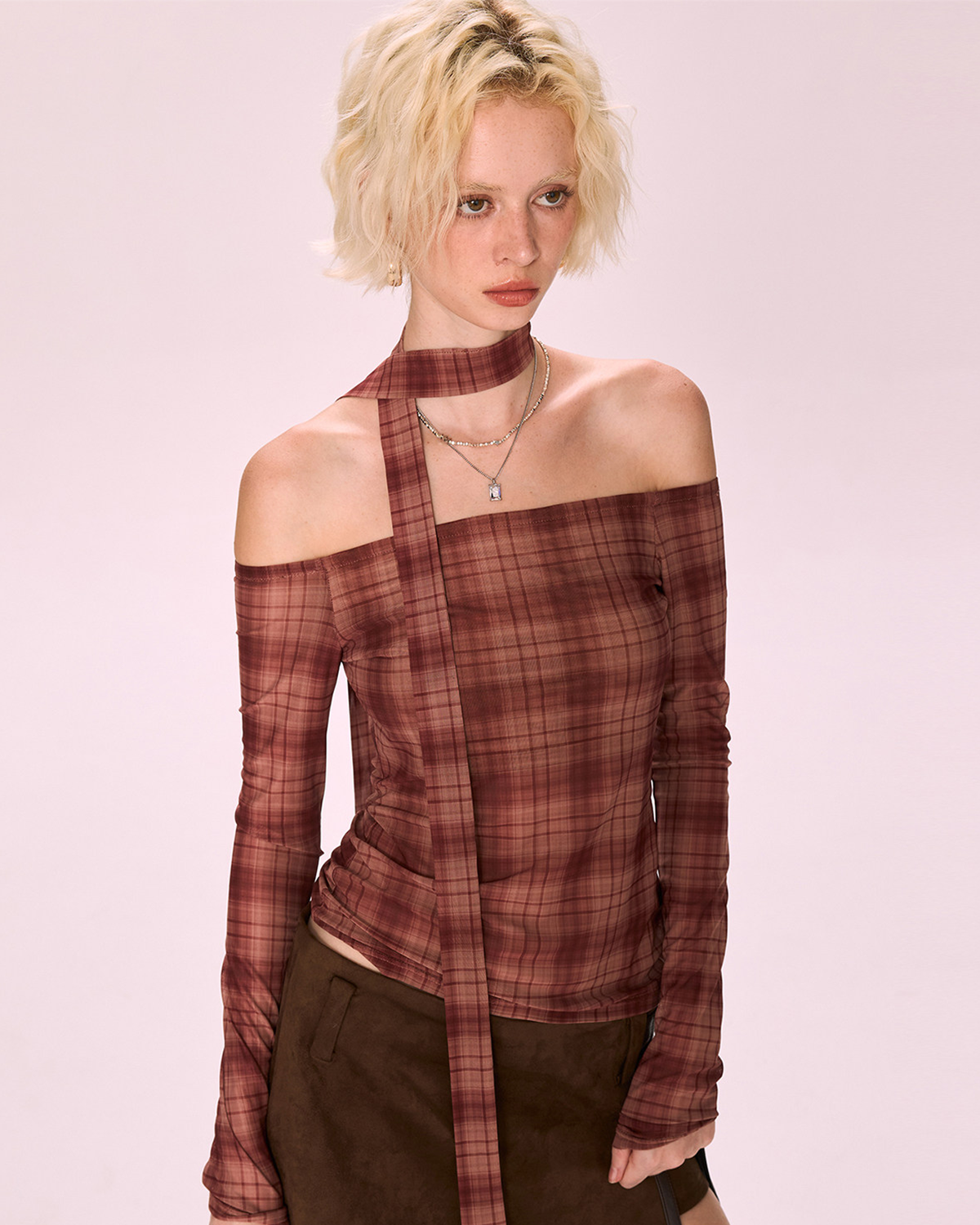 Plaid Halter Off-Shoulder T-Shirt