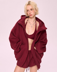 Burgundy Zip-Up Hoodie & Shorts Sport Set