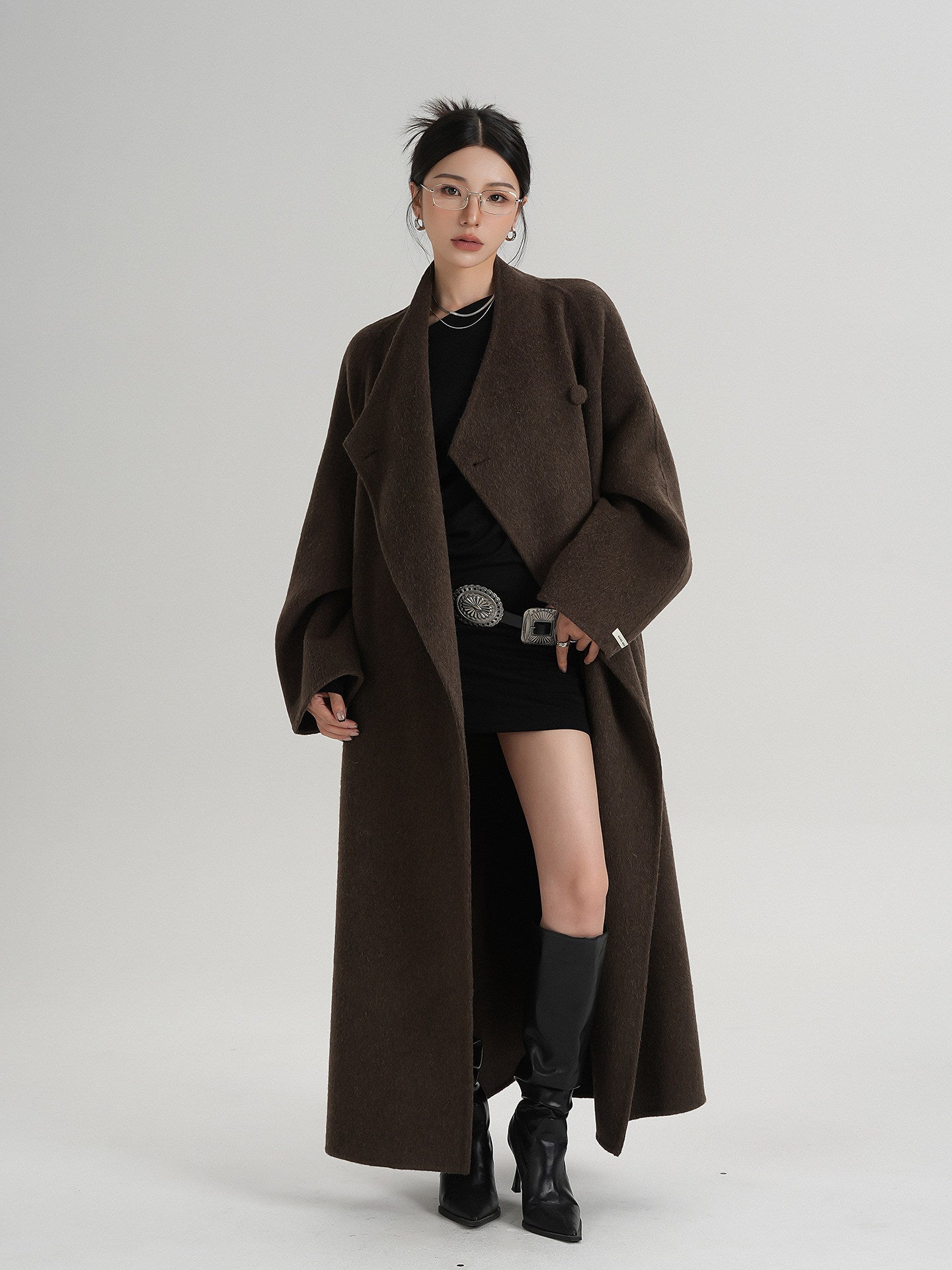 Coffee Brown Asymmetric Button Tie-Waist Long Wool Coat