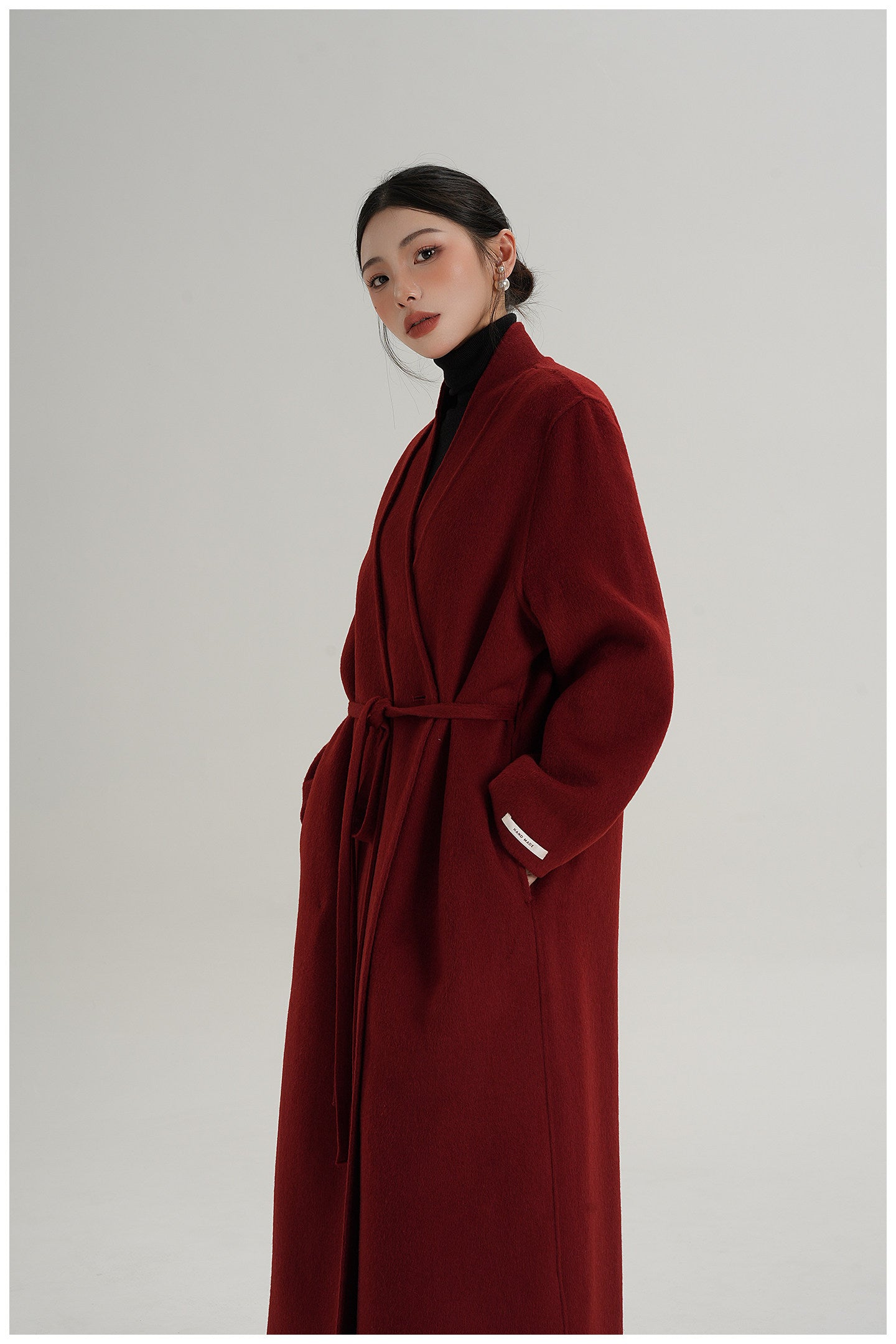 Christmas Red Reversible Wool Tie-Waist Long Coat