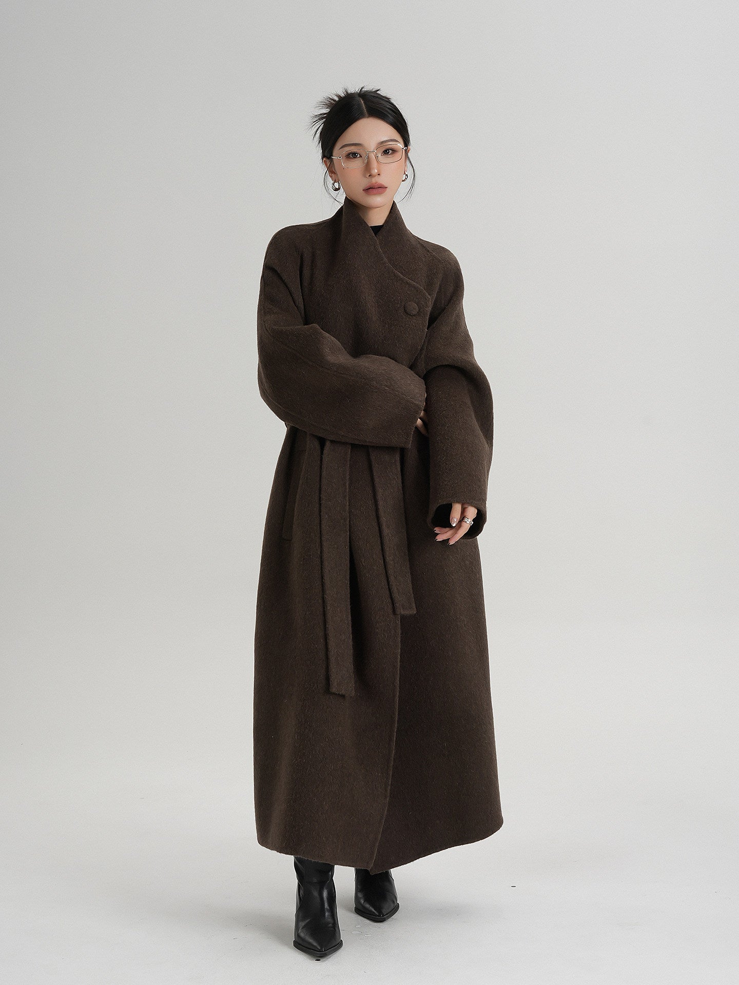 Coffee Brown Asymmetric Button Tie-Waist Long Wool Coat