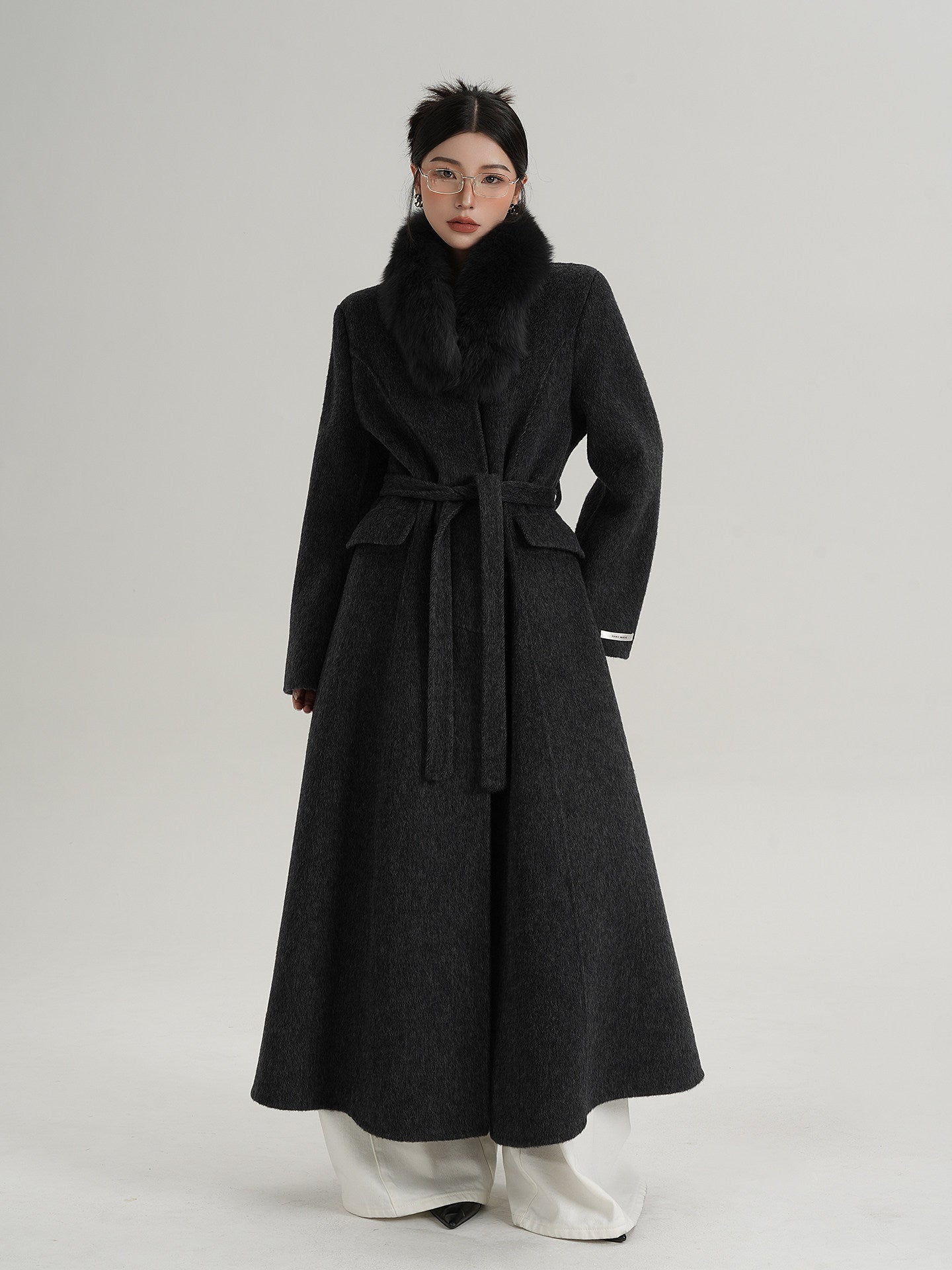 Fur Collar Waist-Tie A-Line Long Reversible Wool Coat