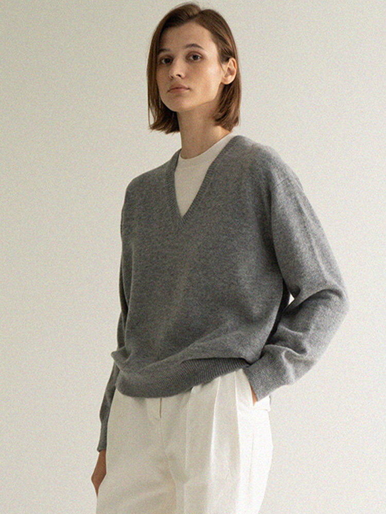 Lazy V-Neck Wool Knit Sweater