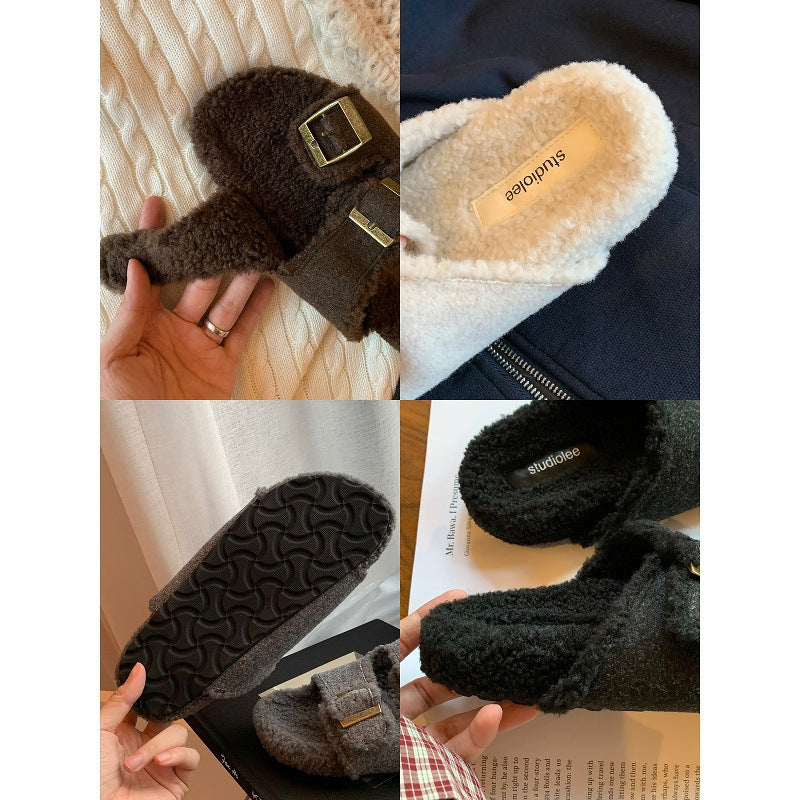 Double-buckle Fur Slippers