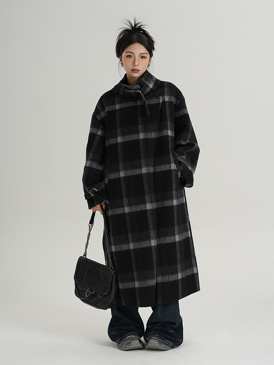 Stand Collar Plaid Oversized Long Wool Coat