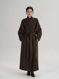 Coffee Brown Asymmetric Button Tie-Waist Long Wool Coat