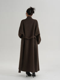 Coffee Brown Asymmetric Button Tie-Waist Long Wool Coat