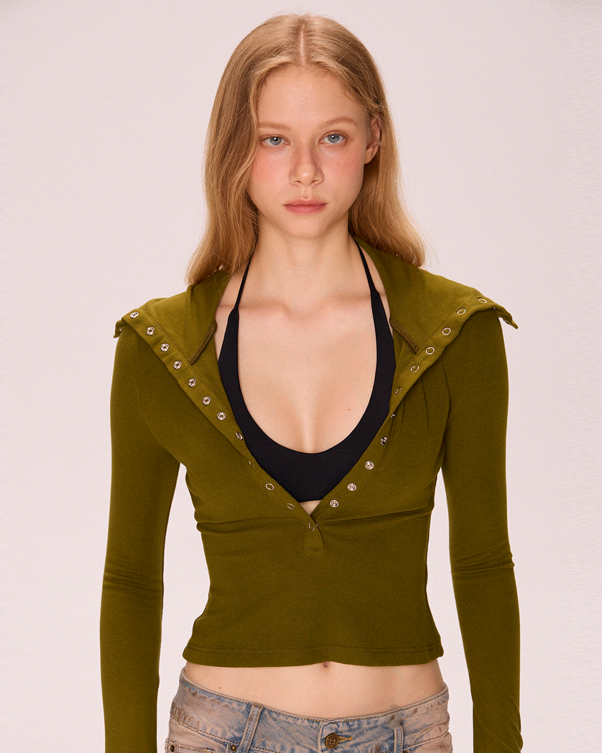 Collared Regular-Shoulder Cropped Knit Top