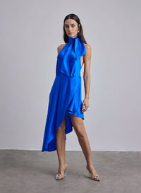 Halter Neck-Tie Hi-Low Silk Midi Dress