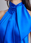 Halter Neck-Tie Hi-Low Silk Midi Dress