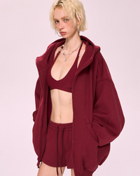 Burgundy Zip-Up Hoodie & Shorts Sport Set