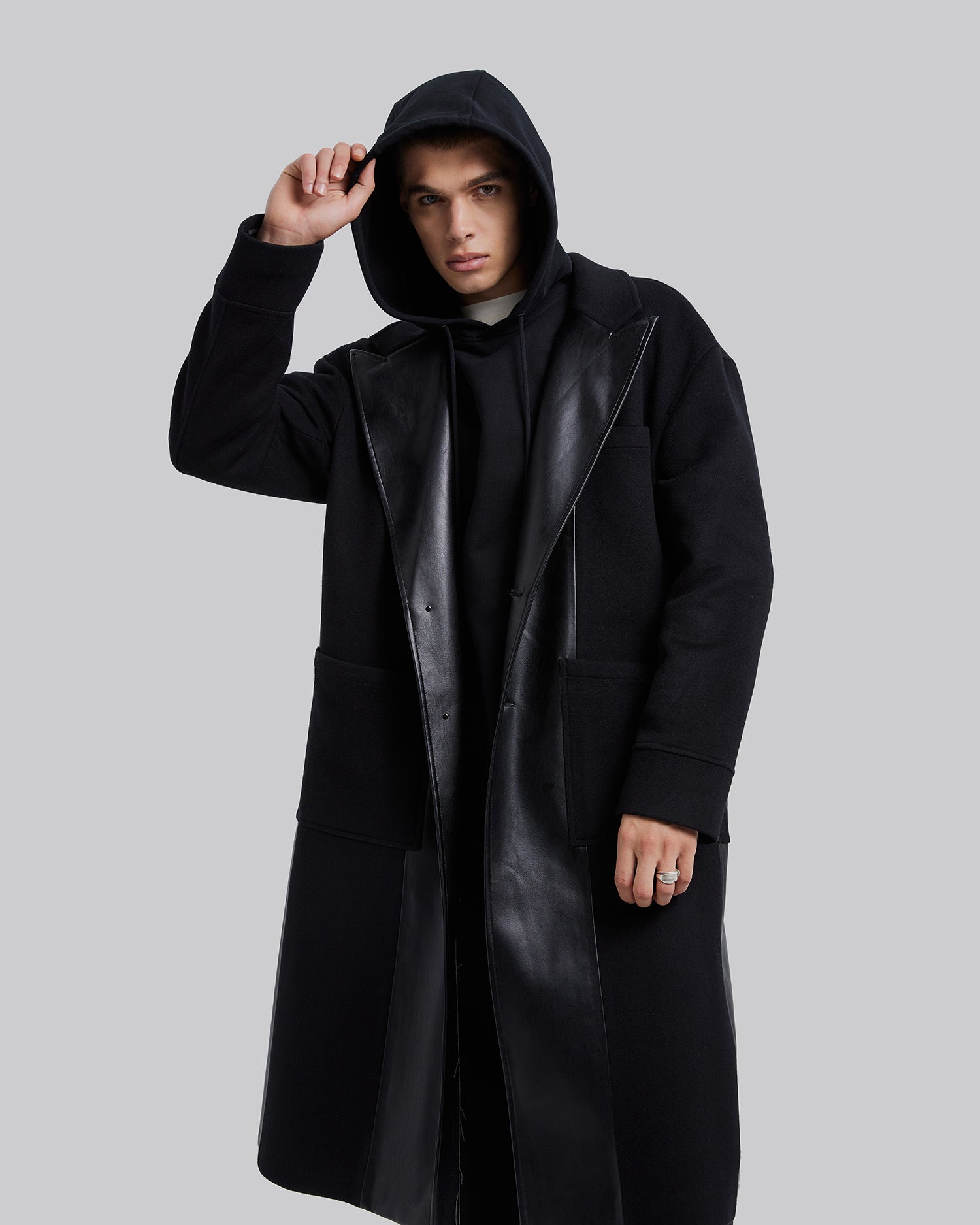 Wool &Faux-Leather Panel Coat