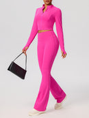 Navy Blue Zip-Up Crop Top & Flare Leggings Workout Set