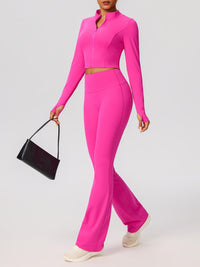 Navy Blue Zip-Up Crop Top & Flare Leggings Workout Set