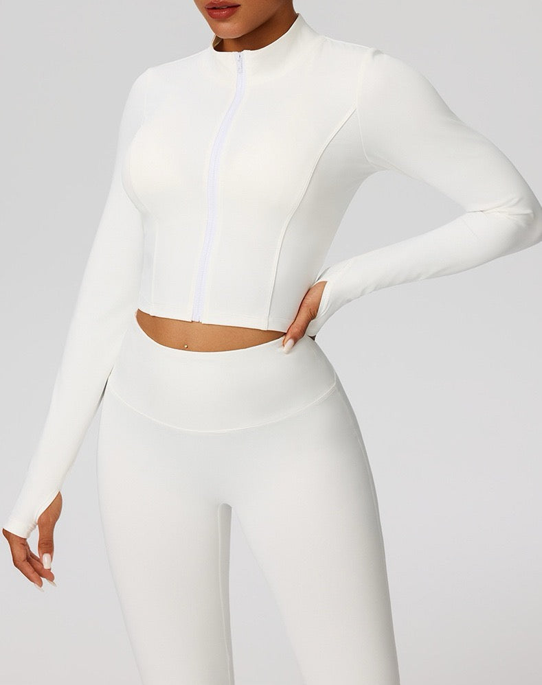 Navy Blue Zip-Up Crop Top & Flare Leggings Workout Set