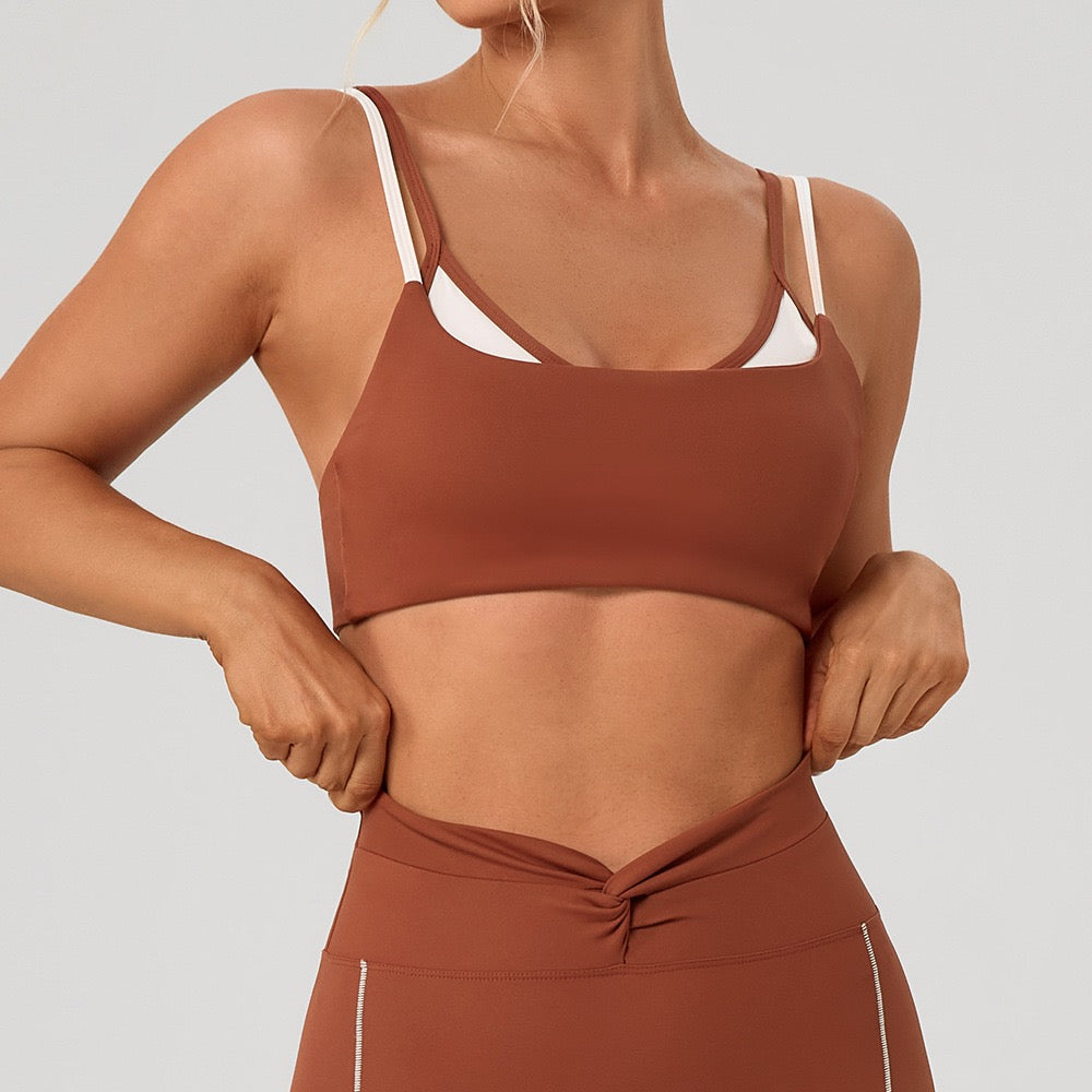 Strappy Faux 2-Piece Workout Crop – Women’s Double-Strap Gym Top