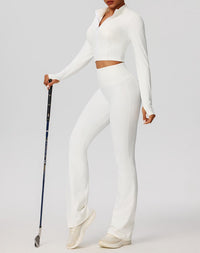 Navy Blue Zip-Up Crop Top & Flare Leggings Workout Set