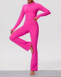 Navy Blue Zip-Up Crop Top & Flare Leggings Workout Set