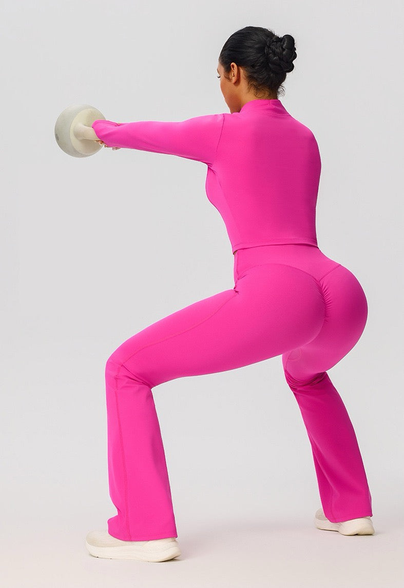 Navy Blue Zip-Up Crop Top & Flare Leggings Workout Set