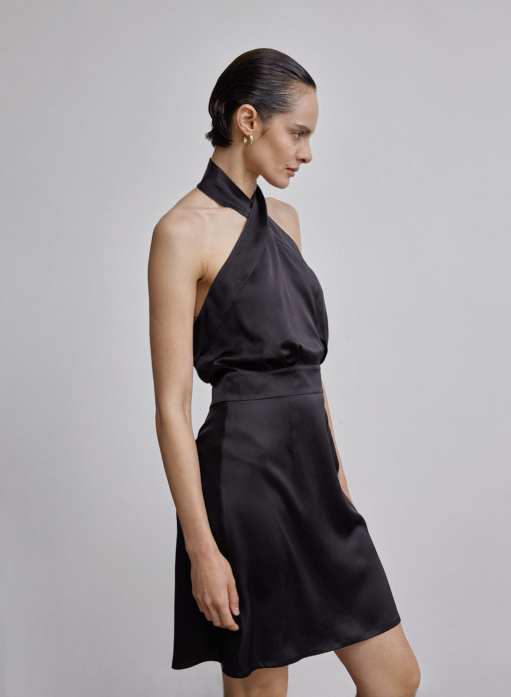 Cross Halter A-Line Mini Silk Dress