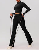 Navy Blue Zip-Up Crop Top & Flare Leggings Workout Set