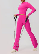 Navy Blue Zip-Up Crop Top & Flare Leggings Workout Set