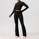 Navy Blue Zip-Up Crop Top & Flare Leggings Workout Set