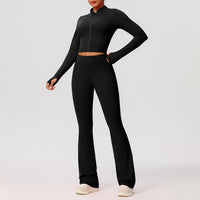 Navy Blue Zip-Up Crop Top & Flare Leggings Workout Set