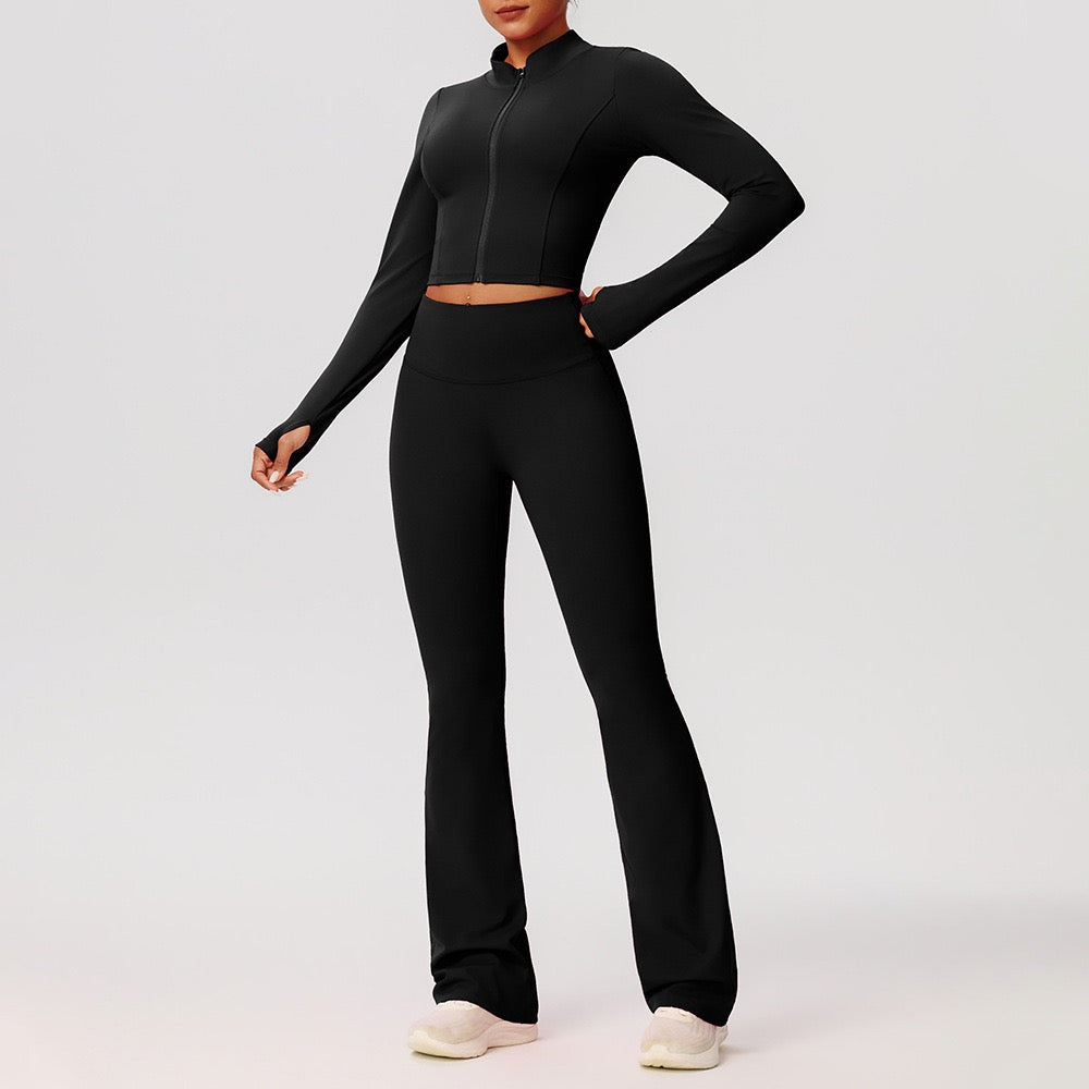 Rose Red Zip-Up Crop Top & Flare Leggings Set