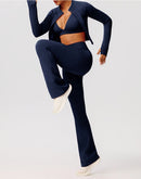 Navy Blue Zip-Up Crop Top & Flare Leggings Workout Set