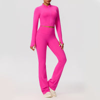 Navy Blue Zip-Up Crop Top & Flare Leggings Workout Set