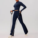 Navy Blue Zip-Up Crop Top & Flare Leggings Workout Set
