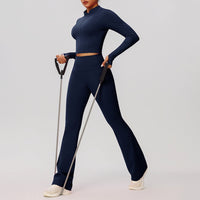 Navy Blue Zip-Up Crop Top & Flare Leggings Workout Set