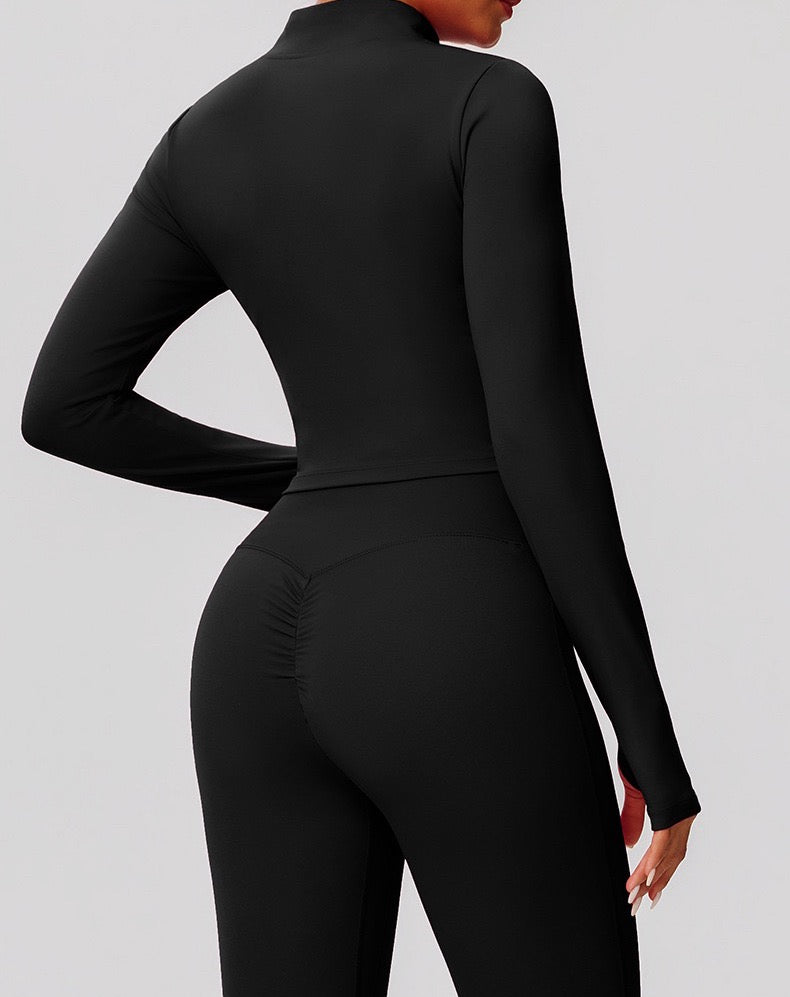 Navy Blue Zip-Up Crop Top & Flare Leggings Workout Set